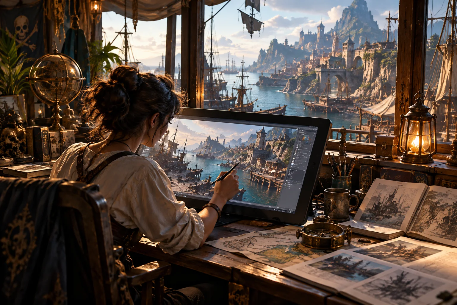 Ilustração digital de um porto de fantasia