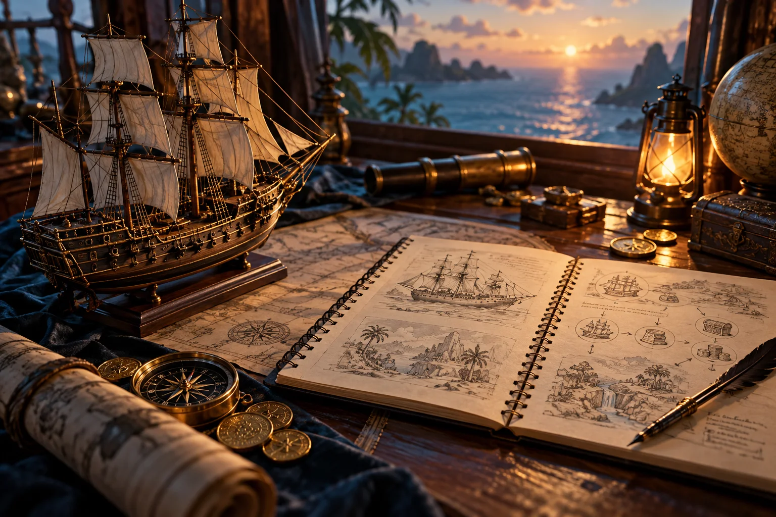 Modelo de navio junto a um caderno Modelo de navio junto a um caderno